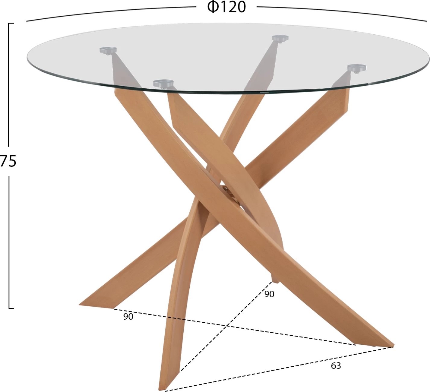 Tavolinë ngrënieje e rrumbullakët, këmbë metali, xham i kalitur, Φ120x75H cm, FH8733.02