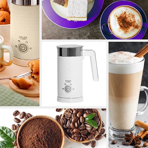 Shkumues qumështi, Adler AD 4495, 4 funksione cappuccino/latte/ngrohje/shkumë e ftohtë, 300 ml qumësht i nxehtë 130 ml shkumë, 500W, bezhë