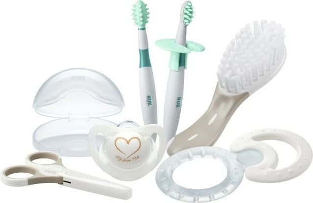 Set mirëseardhje bebe, NUK, Baby Starter Welcome Set, BPA-free, me çantë, gri/mentë