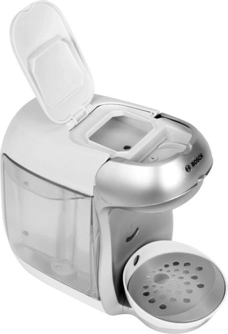 Makineri kafeje lodër, Klein Bosch Tassimo 9231, me efekte zanore dhe rrjedhë uji, me filxhan, pjatëz, lugë dhe 2 kapsula, argjend