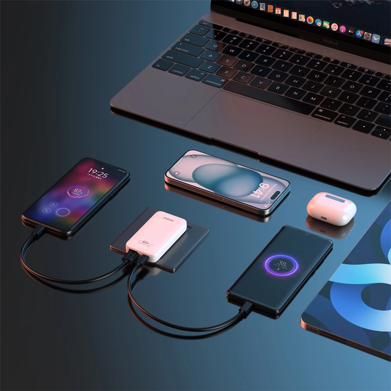 Karikues muri Dudao A65Q, 65W, GaN, USB-C/USB-A, i bardhë