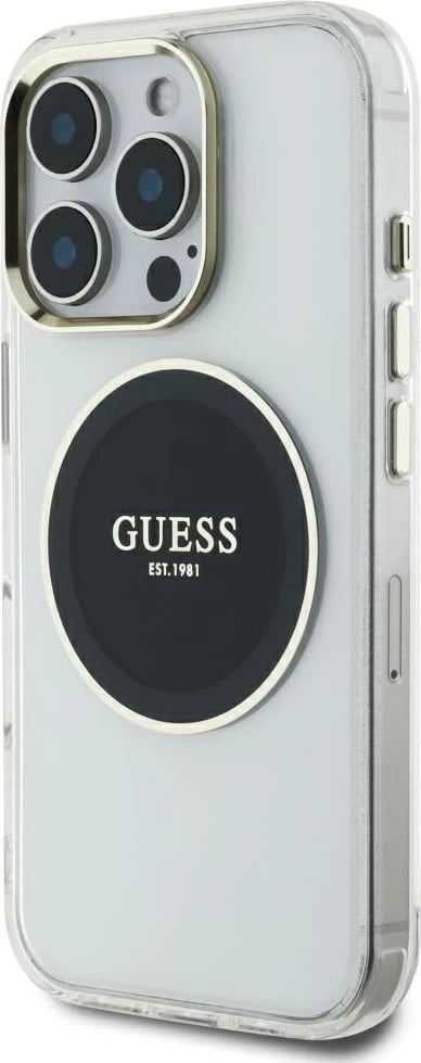 Mbështjellës Guess IML Metal Colored Circle Classic Logo MagSafe për iPhone 16 Pro Max, Zi