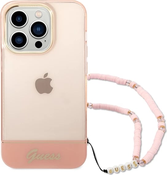 Mbështjellës Guess GUHCP14LHGCOHP për iPhone 14 Pro 6.1", hardcase, Translucent Pearl Strap, rozë