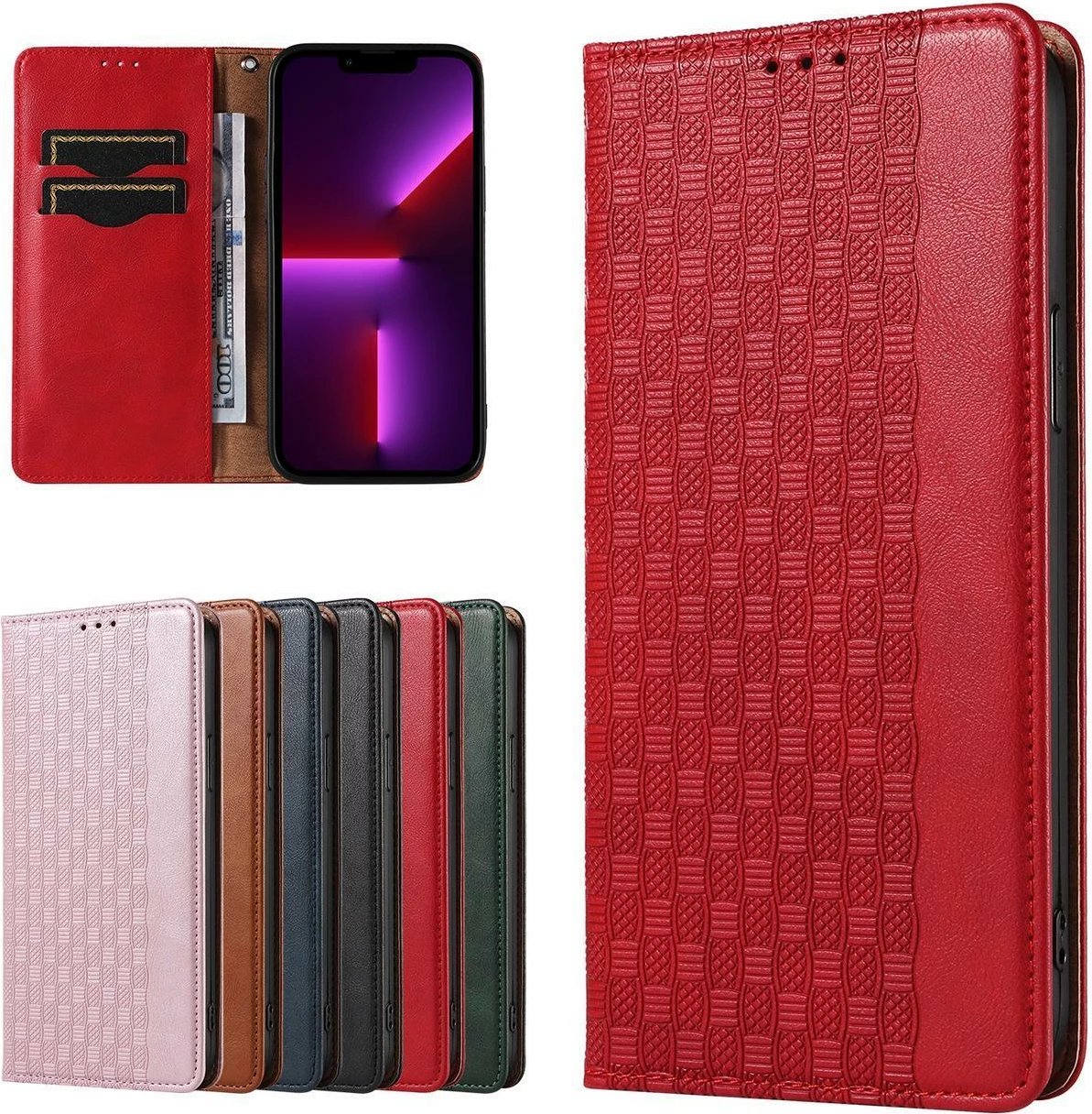 Mbështjellës Hurtel Magnet Strap Case për iPhone 14, me kapak, portofol, qëndrim dhe rrip, Kuq