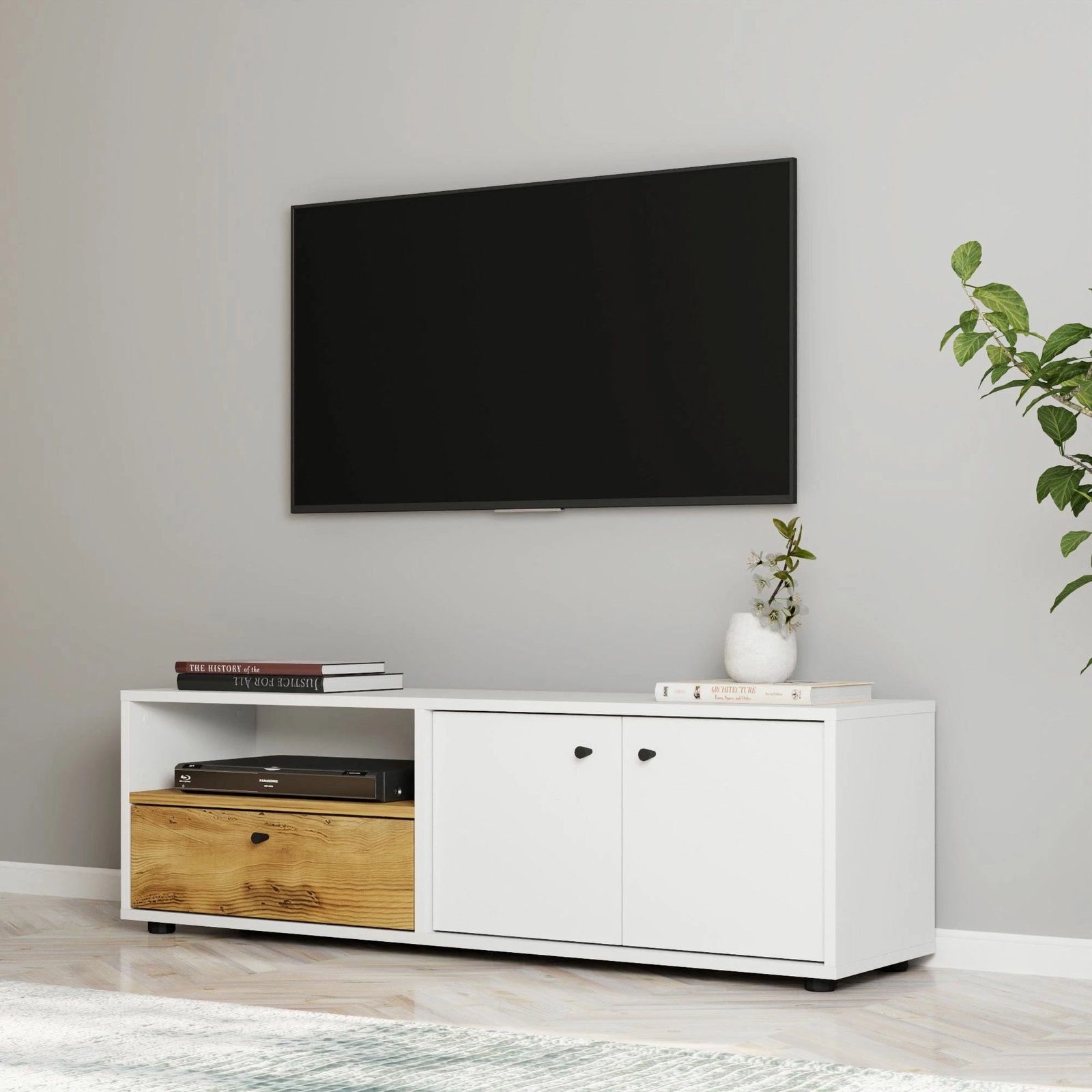 Komodë TV Skye Decor, e bardhë, lisi, Pao