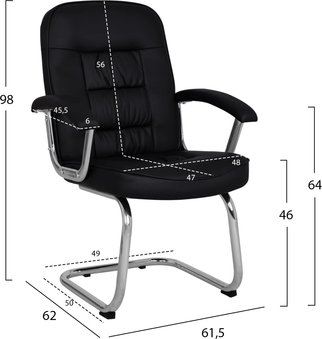 Karrige konferencash FH1114, ngjyrë e zezë PU, bazë kromi, 61.5x62x98 cm, set prej 2 copë