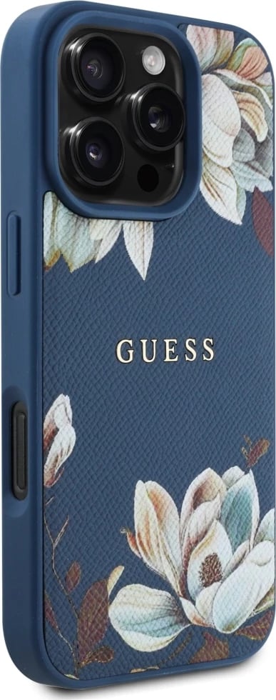 Mbështjellës Guess Grained Printed Flower Pattern MagSafe për iPhone 16 Pro, Blu
