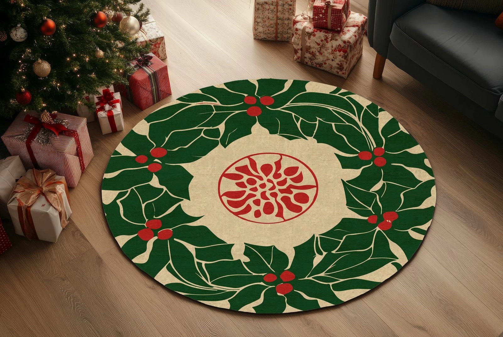 Qilim i rrumbullakët, tematikë Krishtlindjesh, shumëngjyrësh, 100x100cm, Crp-Yrlk26-4