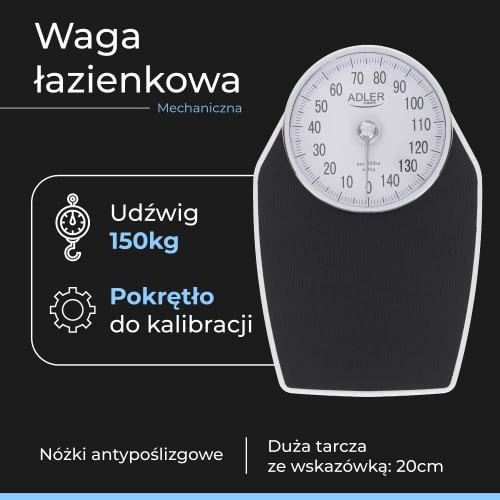 Peshore banjo mekanike, Adler, AD 8177, kapacitet 150 kg, saktësi 1 kg, cadran 20 cm, e zezë me bazë të bardhë Peshore banjo mekanike, Adler, AD 8177, kapacitet 150 kg, saktësi 1 kg, cadran 20 cm, e zezë me bazë të bardhë