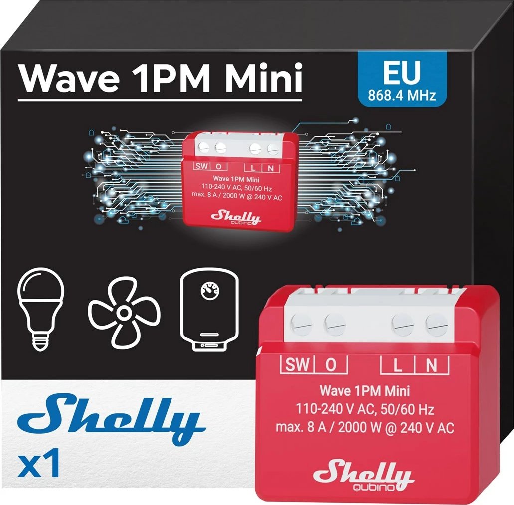Relé inteligjente Shelly Wave 1PM Mini LR, wireless, 110-240V AC, e kuqe