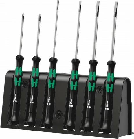 Set kaçavidash Wera 2035/6 A me raft, për elektronikë, 6 copë, zi-gjelbër
