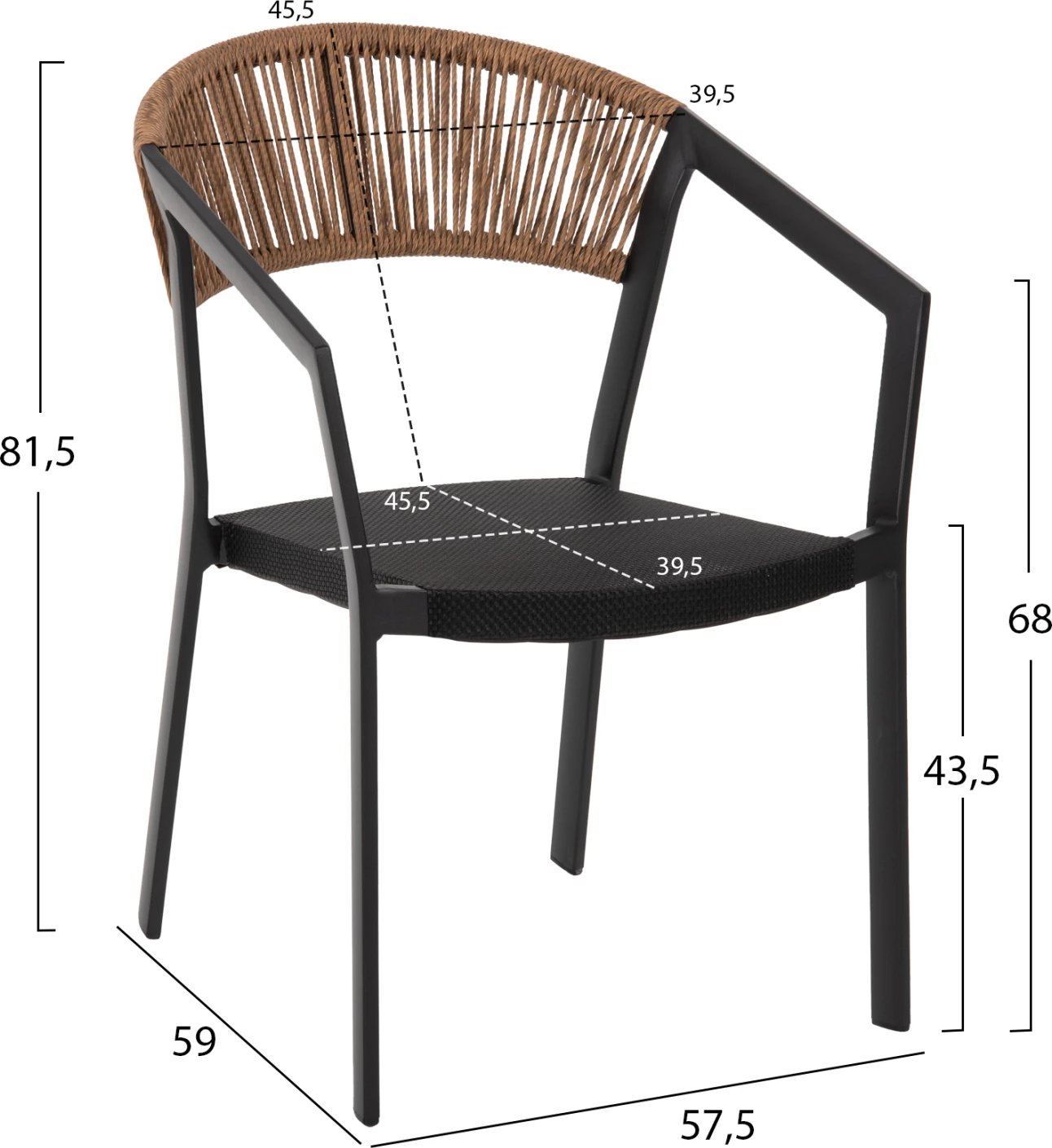 Karrige alumini FH5891.05, kornizë e zezë dhe tekstil, shpinë ratan bezhë, 57.5x59x81.5 cm