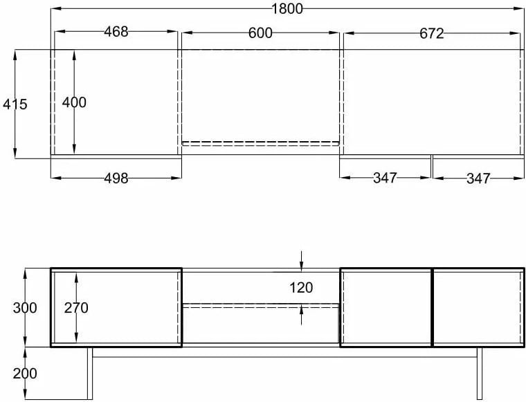 Komodë TV Grooves, 3 dyer, 1 sirtar, ngjyrë arre-gri, 180x40x50cm