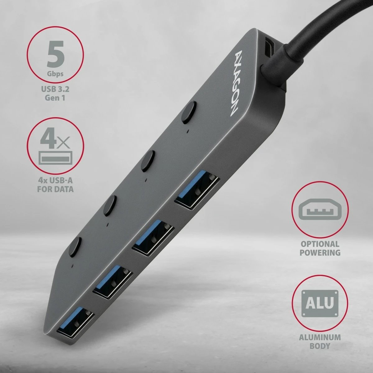 Hub USB AXAGON HUE-MSA, 4 porta, USB 3.2 Gen 1, metal, 20cm, Gri
