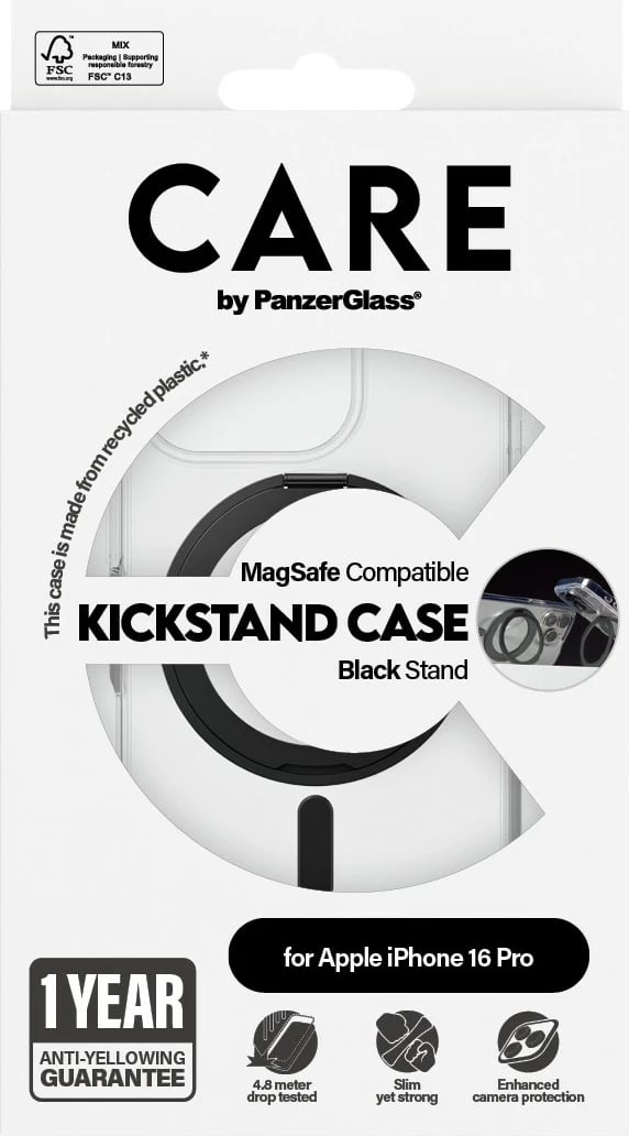 Mbështjellës PanzerGlass CARE Case, MagSAFE, për iPhone 16 Pro, transparent me këmbëz
