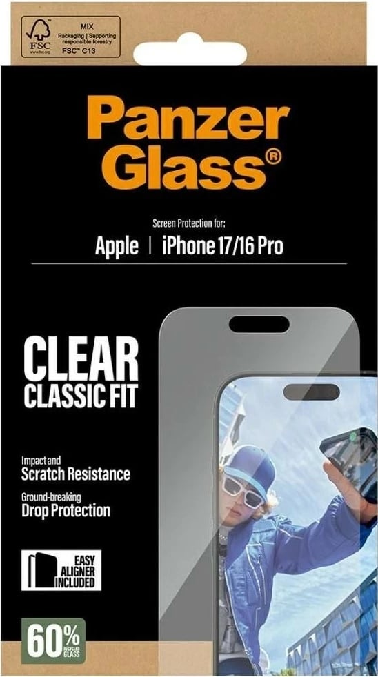 Mbështjellës xhami PanzerGlass Classic Fit EasyAligner për iPhone 16 Pro/17, transparent