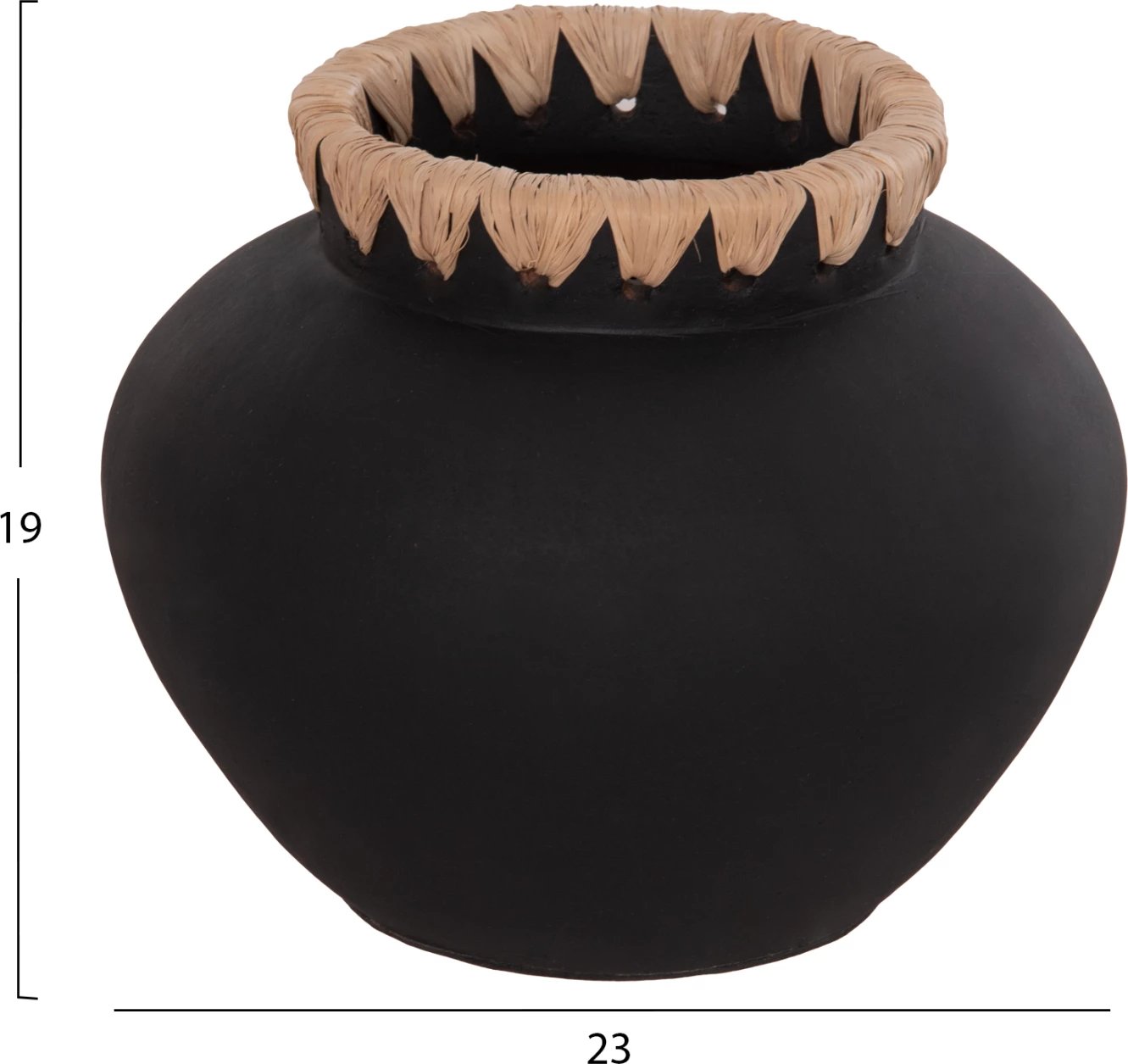 Vazo dekorative RENTON(S), terrakotë, FH4733, ngjyrë e zezë, me thurje kashte në buzë, Φ23x19H cm