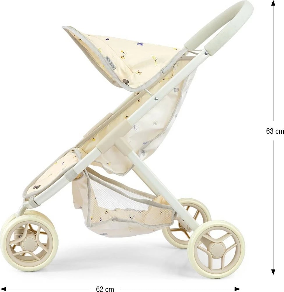 karrocë për kukulla Milly Mally Susie Nature, me 3 rrota, për kukulla deri 50 cm, kornizë metalike, me kapak palosës, natyrale dekorative