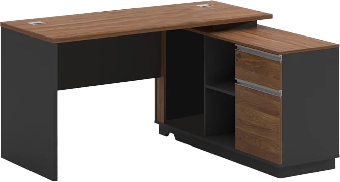 Tavolinë me kënd të djathtë Oscar melamine, ngjyrë arre-karbon, 140x120x76cm