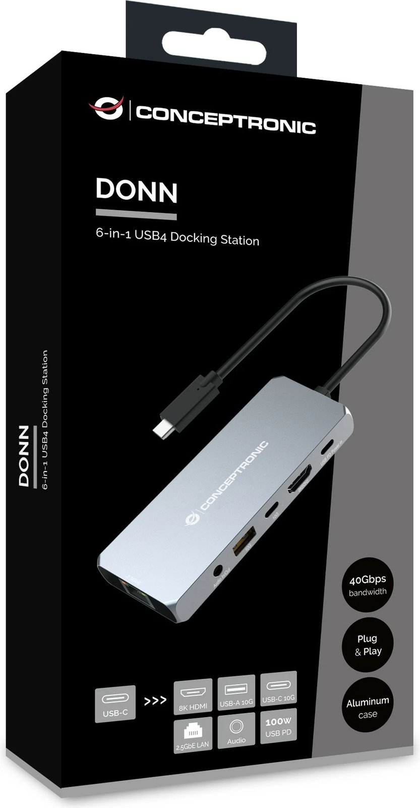 Dock Conceptronic 6-në-1 USB-C në HDMI/USB-A/GbE/AUX, 18cm, gri