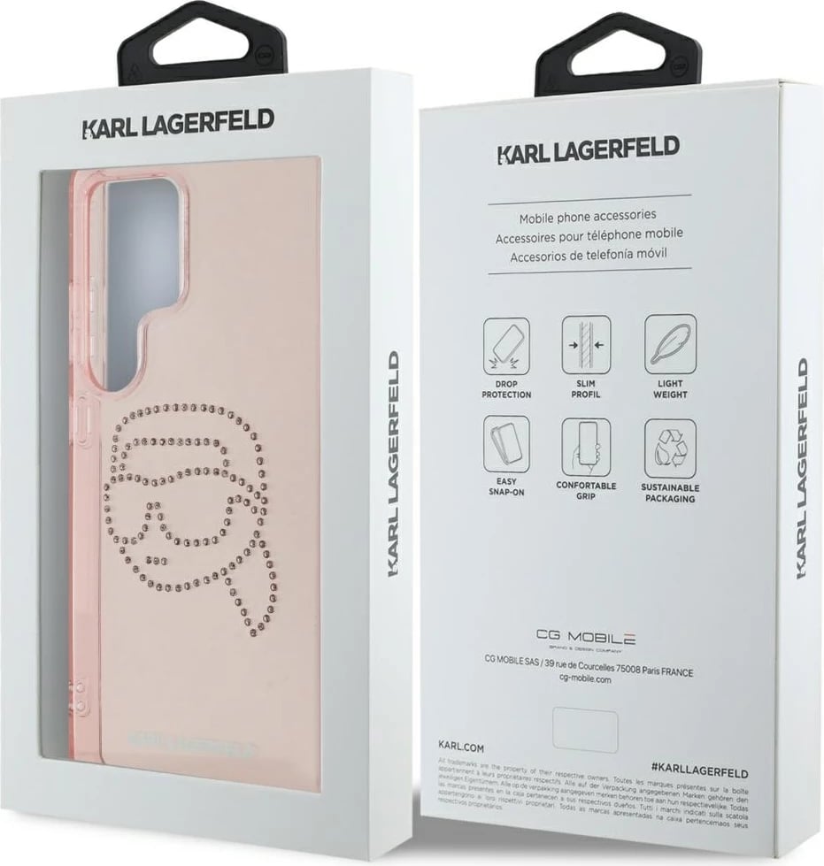 Mbështjellës Karl Lagerfeld Rhinestones K. Head Logo për Samsung Galaxy S25 Ultra, Rozë