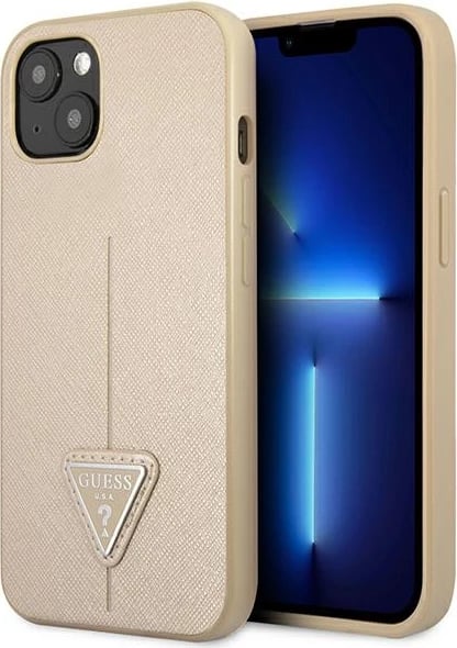 Mbështjellës Guess GUHCP13SPSATLE për iPhone 13 mini, hardcase, Saffiano Triangle, bezhë