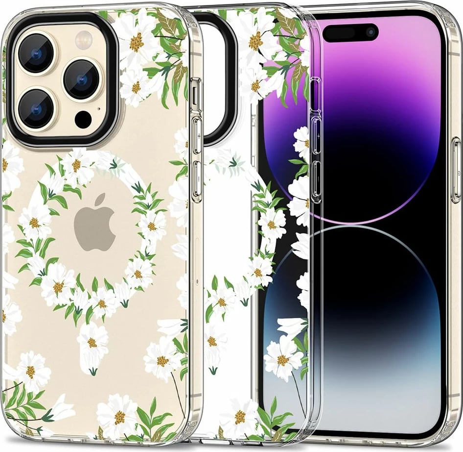 Mbështjellës Tech-Protect MagMood MagSafe për iPhone 15 Pro, lule të bardha