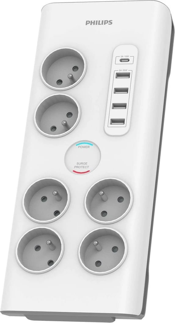 Prizë mbrojtëse Philips SPN7060WA/60, 6 dalje, 5 USB, 2m, Bardhë