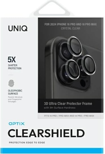 Mbrojtës lente kamere UNIQ Optix, xham i kalitur 9H, aliazh alumini, anti-gjurmë dhe anti-reflektues, për iPhone 16 Pro/16 Pro Max/15 Pro/15 Pro Max/14 Pro/14 Pro Max, transparent, me aplikator