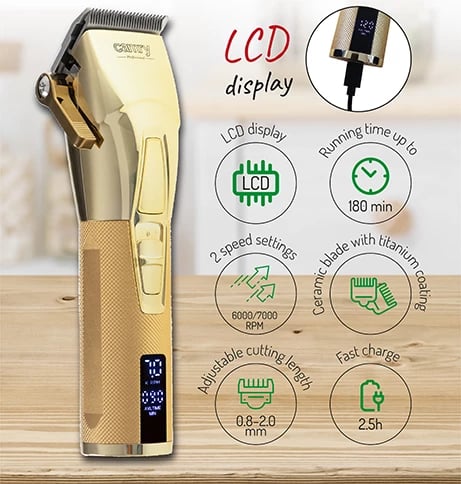 Makinë qethëse, Camry, CR 2835, LCD, teh qeramik me veshje titaniumi, 2 shpejtësi 6000/7000 rpm, bateri 2000 mAh deri 180 min, USB-C, ari, set me 8 krehra