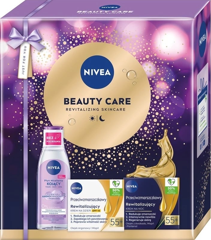 Set për fytyrë Nivea Beauty Care 55+ për femra, krem dite 50ml, krem nate 50ml, ujë micelar 200ml, 3 copë