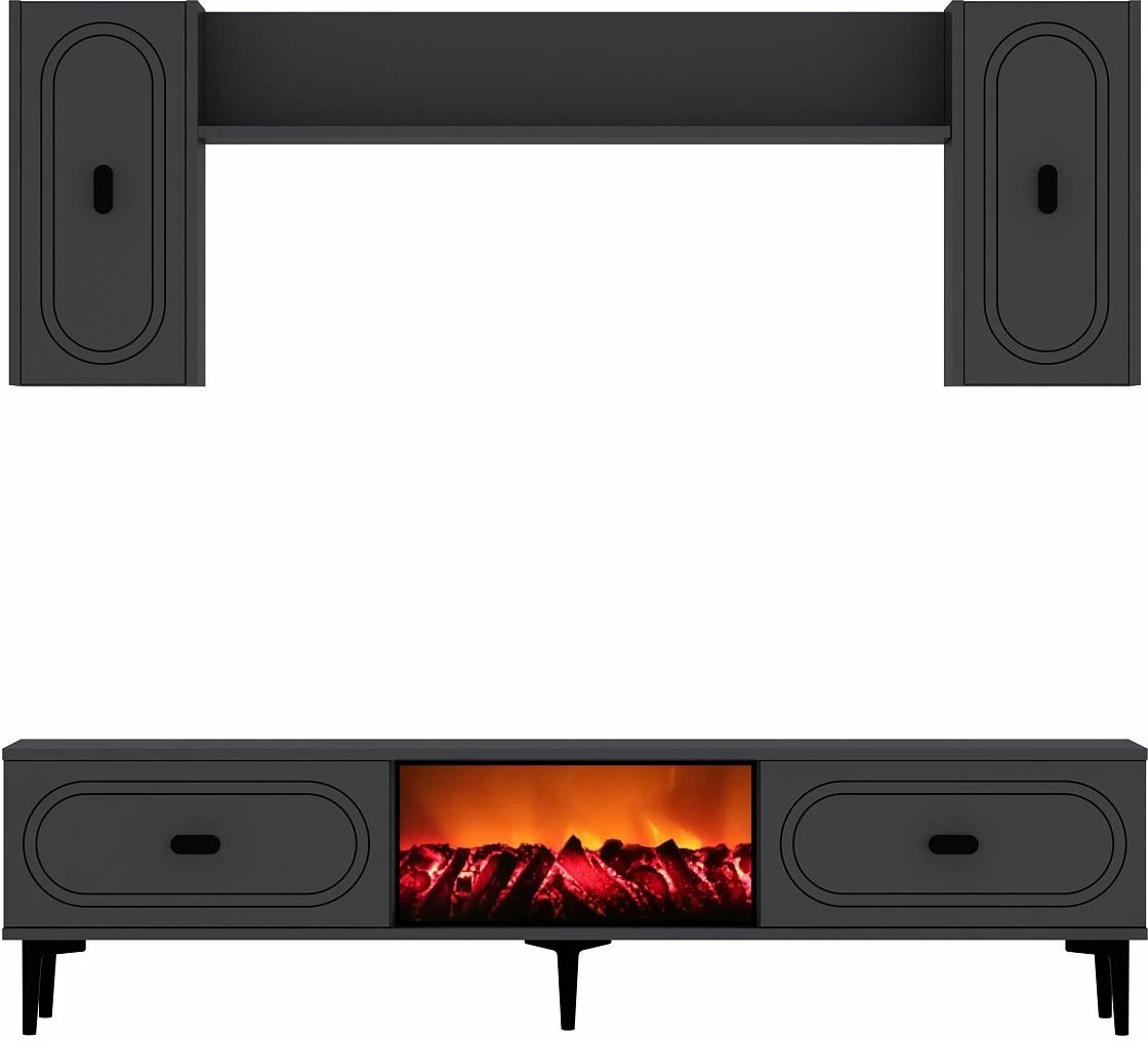 Komodë TV Skye Decor, ngjyrë antracit, me rafte dhe efekt oxhaku