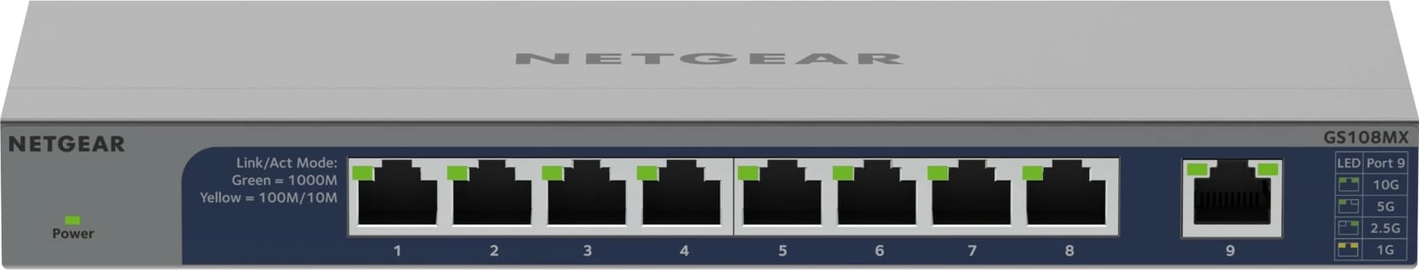 Switch NETGEAR GS108MX, 8 porte Gigabit, 1 portë 10G, kasë metalike