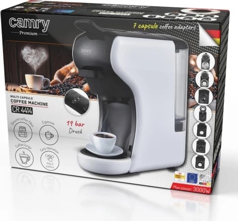 Makineri kafeje me kapsula, Camry, CR 4414, 19 bar, 0.6L, 1450W, e zezë/bardhë