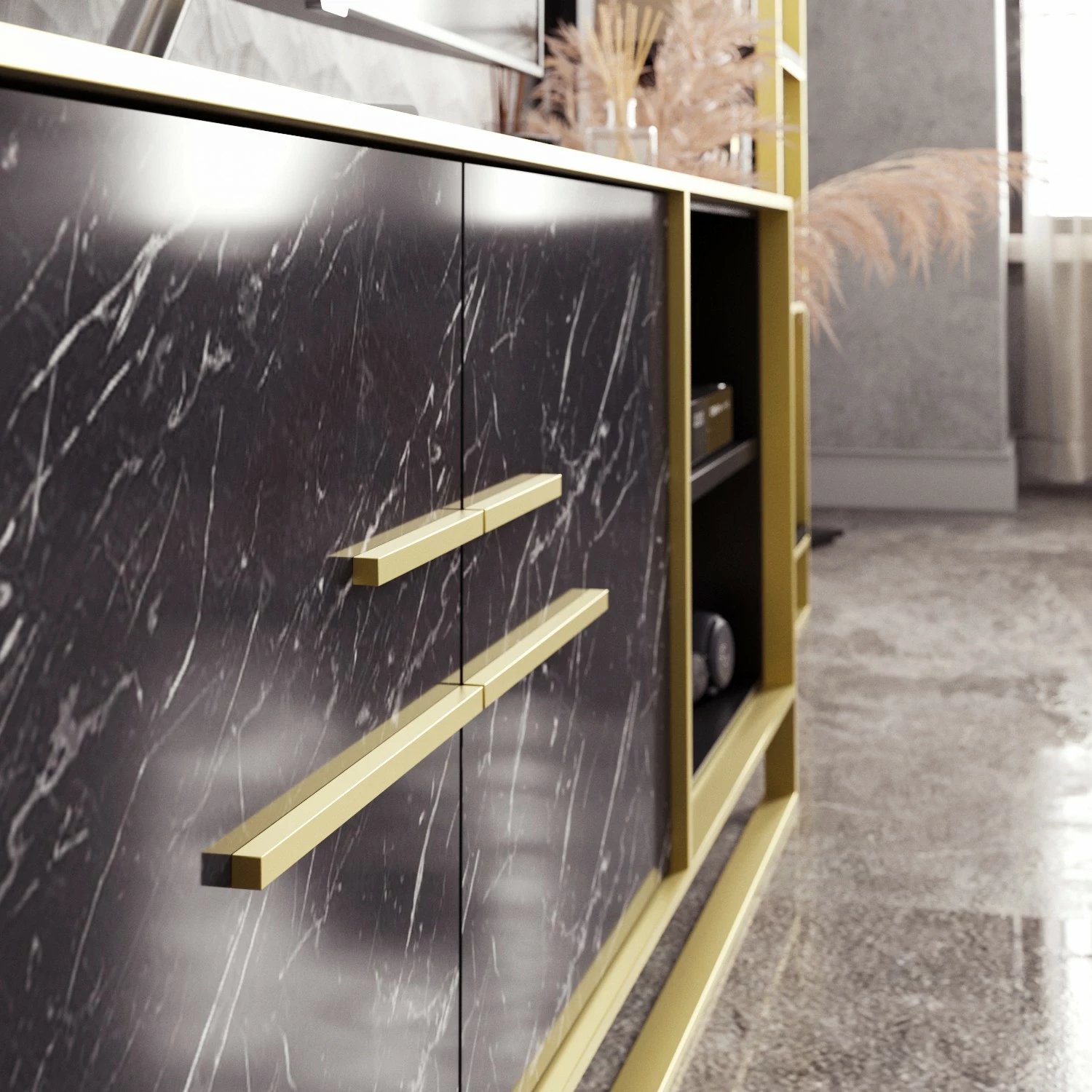 Komodë TV Hanah Home, Polka, e zezë dhe ari