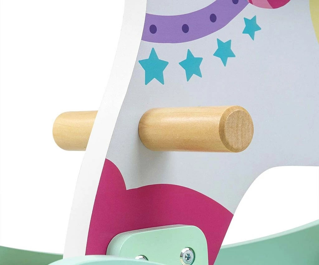 Kalë lëkundës druri, Milly Mally, Lucky 12 Unicorn, me mbrojtëse rrethuese dhe mbështetëse, për 12–36 muaj, deri 25 kg, rozë