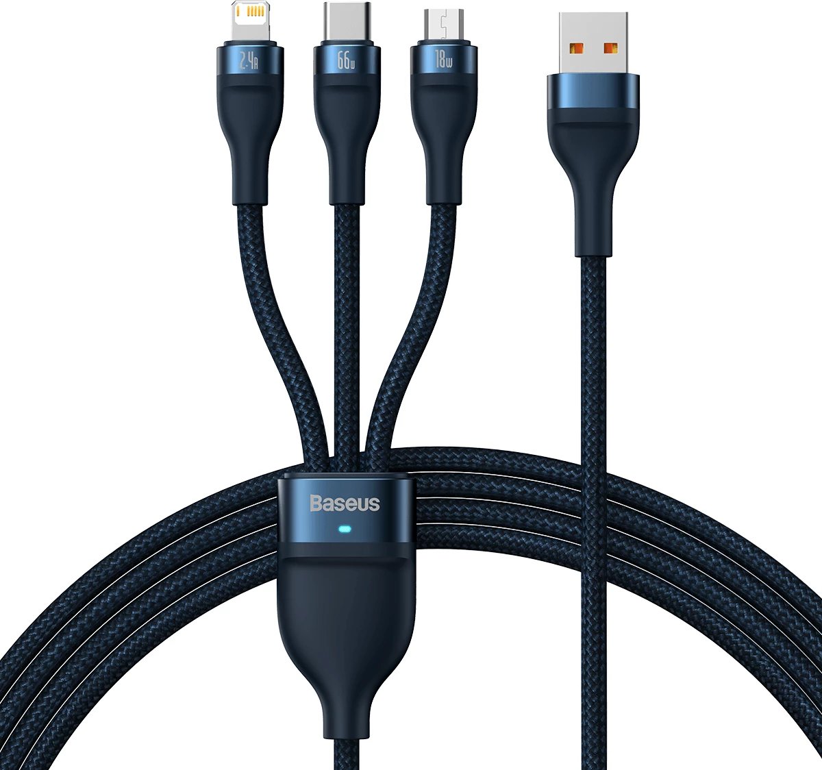 Kabllo 3-në-1 Baseus Flash Series, USB-C + Micro USB + Lightning, 66W, 1.2m, Blu Kabllo 3-në-1 Baseus Flash Series, USB-C + Micro USB + Lightning, 66W, 1.2m, Blu