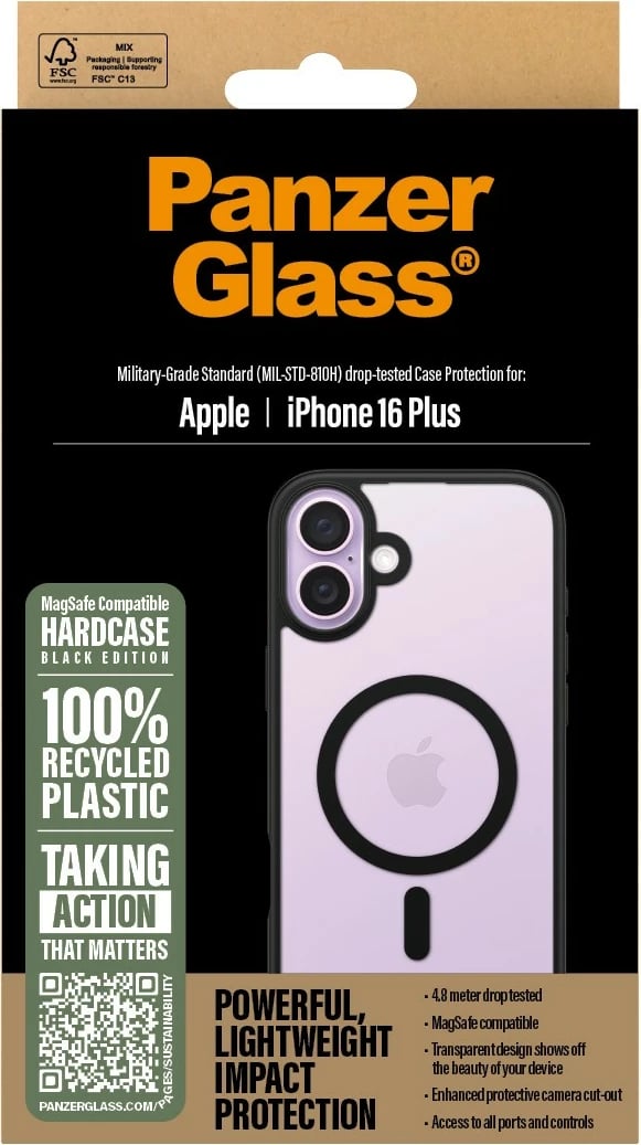 Mbështjellës PanzerGlass HardCase MagSAFE për iPhone 16 Plus, transparent/zi
