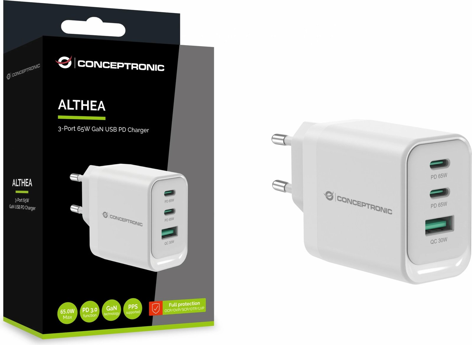 Karikues Conceptronic 3Port GaN, 2xUSB-C/1xA, 65W, i bardhë