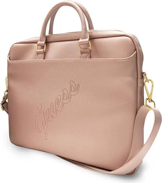 Çantë laptopi Guess Saffiano Script, 16 inç, Rozë
