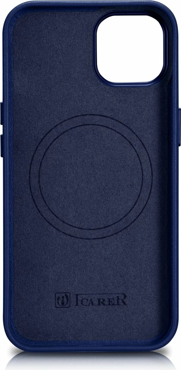 Mbështjellës iCarer për iPhone 14, lëkurë natyrale, MagSafe, kaltër
