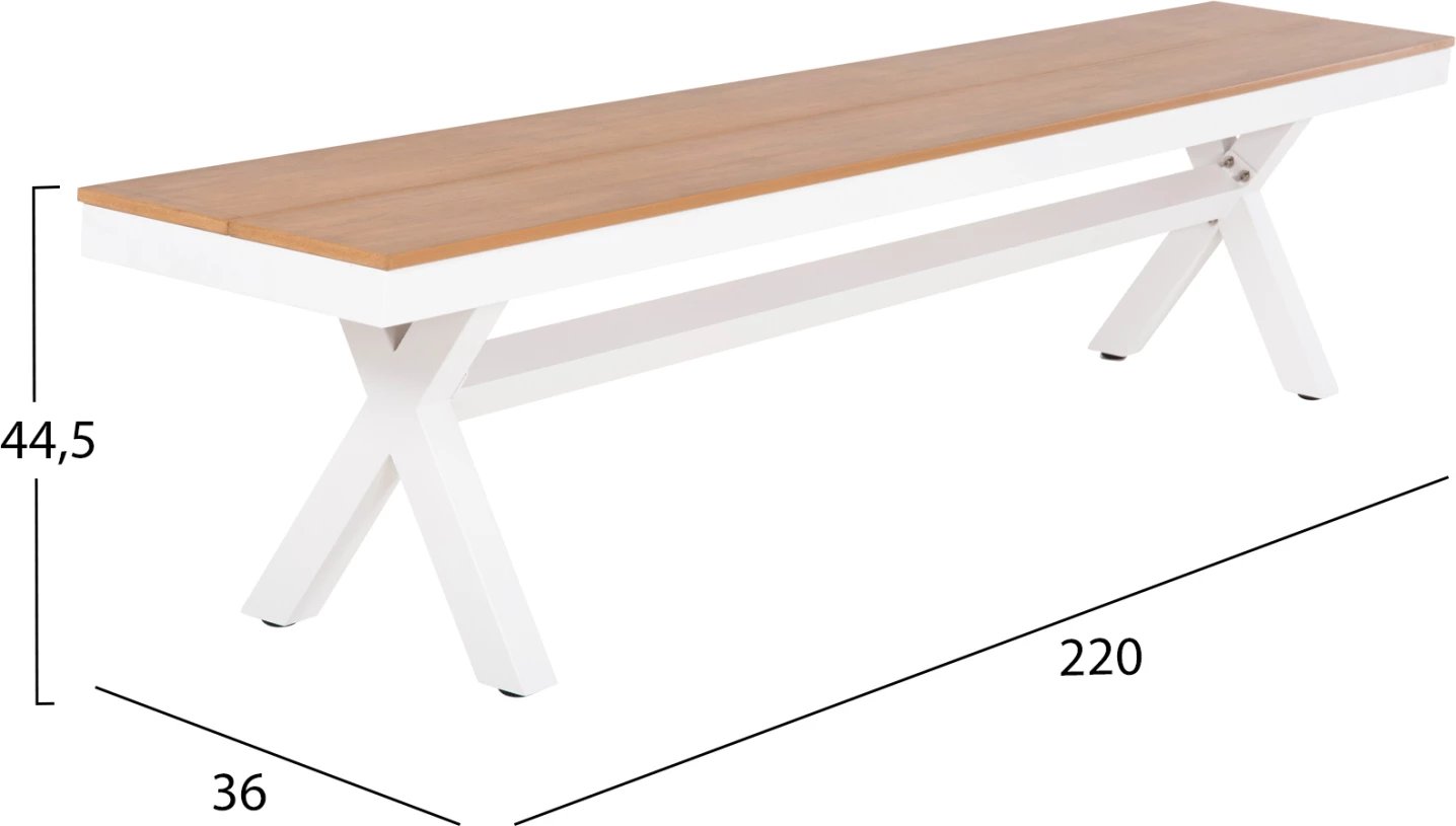 Stol alumini TAWNEE FH6040.02, i bardhë me sipërfaqe polivudi, ngjyrë druri natyral, 220x36x44.5 cm