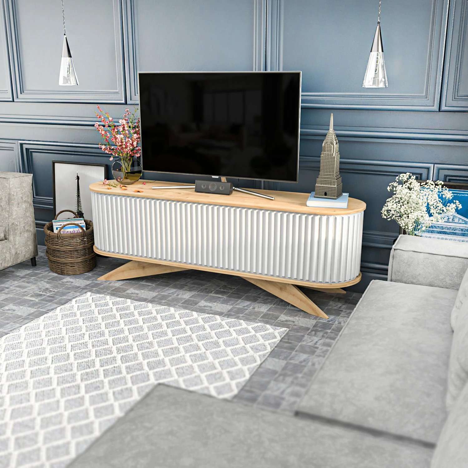 Komodë TV Hanah Home, ngjyrë safir dhe e bardhë, Stor