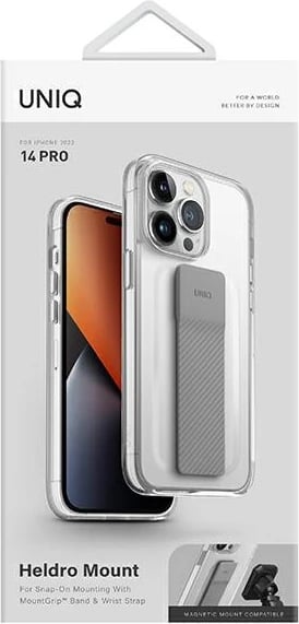 Mbështjellës UNIQ Heldro Mount për iPhone 14 Pro, me rrip FlexGrip, transparent
