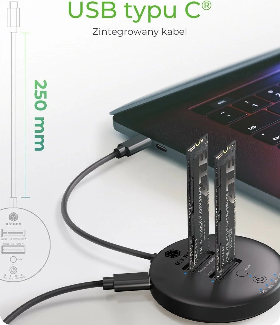 Stacion klonimi & docking IcyBox IB-1612MCL-C31 për 2x NVMe M.2 SSD, i zi