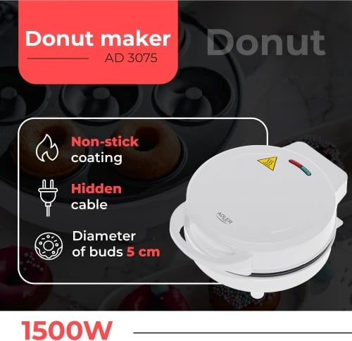 Aparat donutash Adler AD 3075, 7 donutë, diametër 5 cm, 1000W, e bardhë