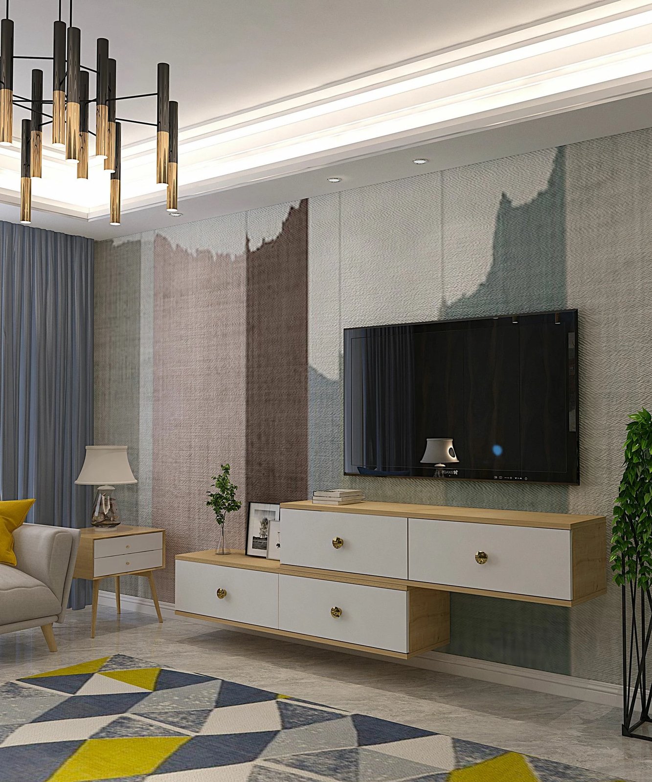 Komodë për TV Skye Decor, Zuzu Double, ngjyrë lis safir dhe e bardhë