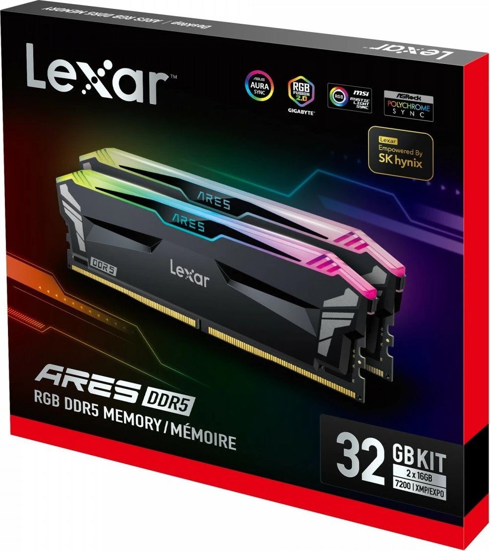 RAM Memorje Lexar ARES RGB DDR5, 32GB (2x16GB), 7200 MHz, CL34, e zezë RAM Memorje Lexar ARES RGB DDR5, 32GB (2x16GB), 7200 MHz, CL34, e zezë