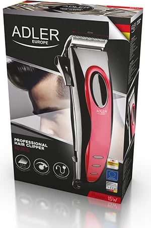 Makinë qethëse, Adler, AD 2825, teh çeliku inox 45 mm, 4 krehra 3-12 mm, kabllo 1.9 m, 15 W, prizë C, e kuqe/zezë, set me brushë gërshërë dhe vaj