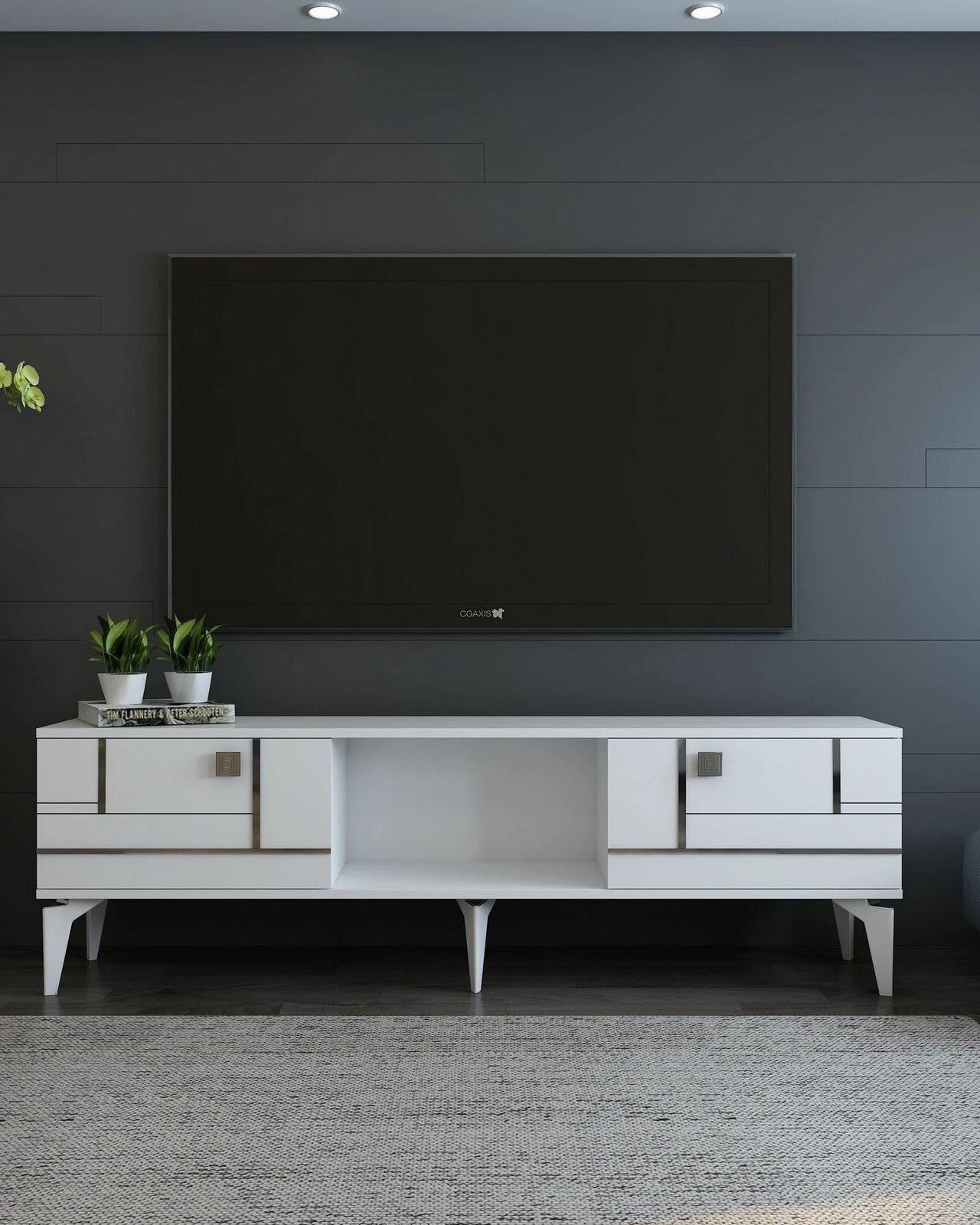 Komodë për TV Skye Decor, e bardhë, argjend